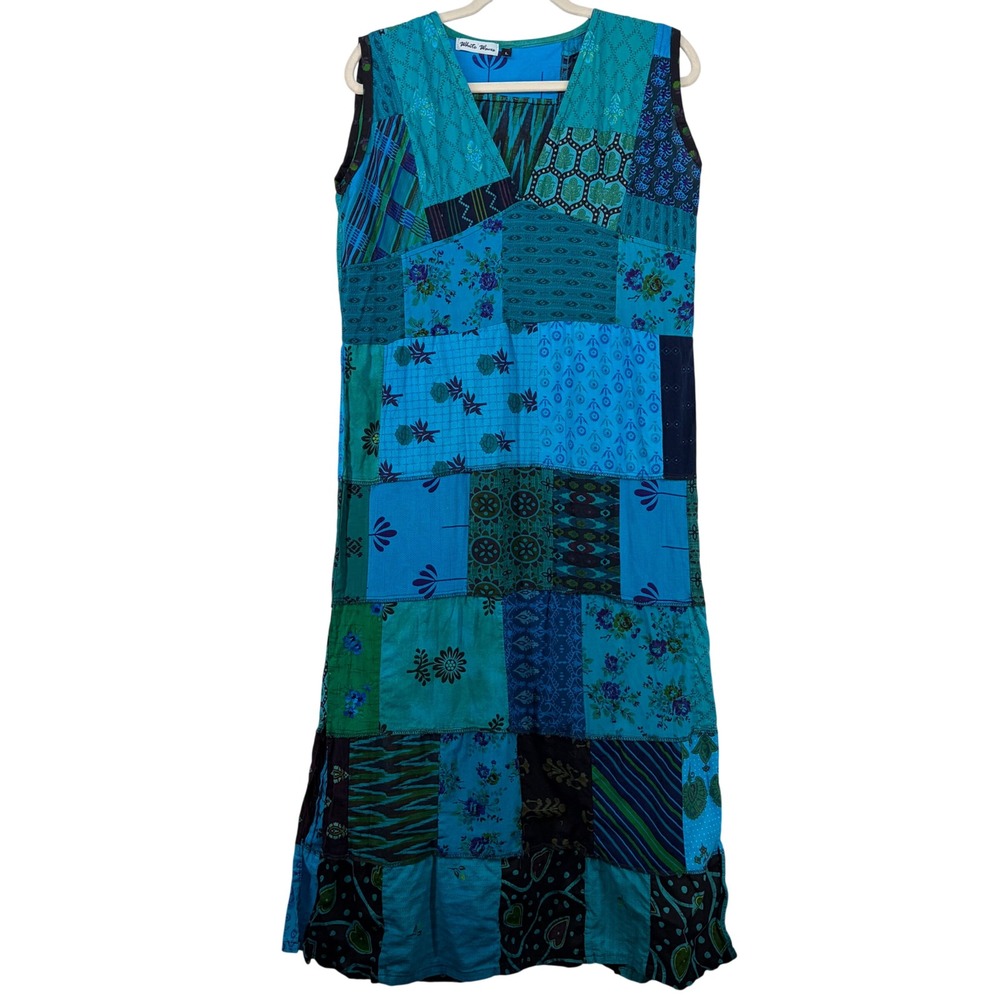 White Waves Size L Blue Teal Patchwork Boho Midi Dress V-Neck Sleeveless Coastal